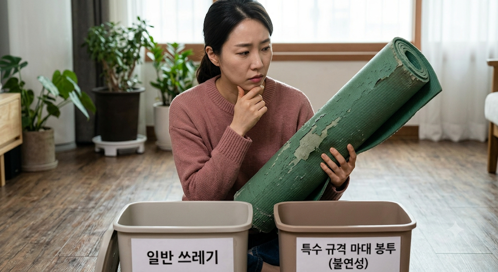 요가 매트 폐기 고민하는 여성 모습