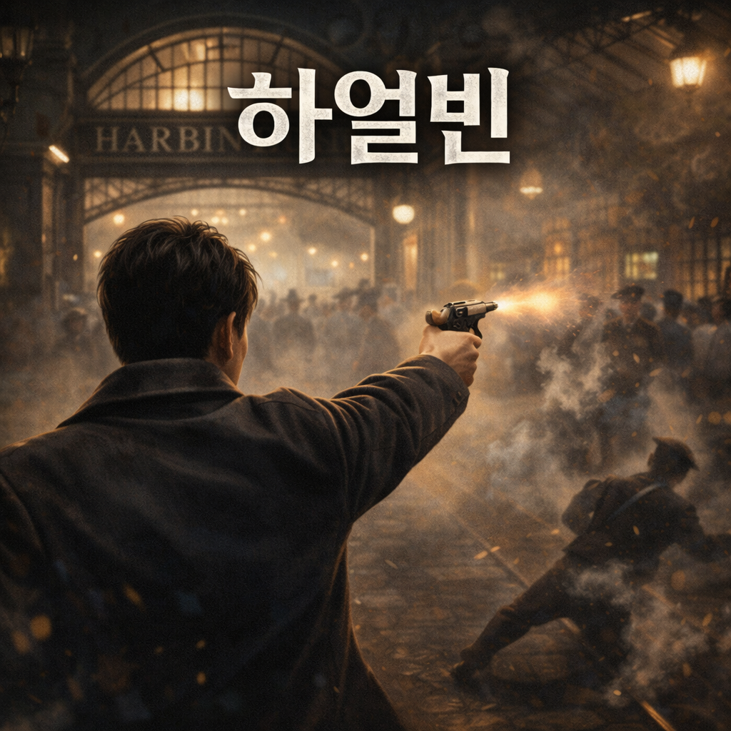 하얼빈역에서 총을 쏘고 있는 안중근의 뒷모습. 하얼빈 영화제목 문구가 삽입되어 있음.