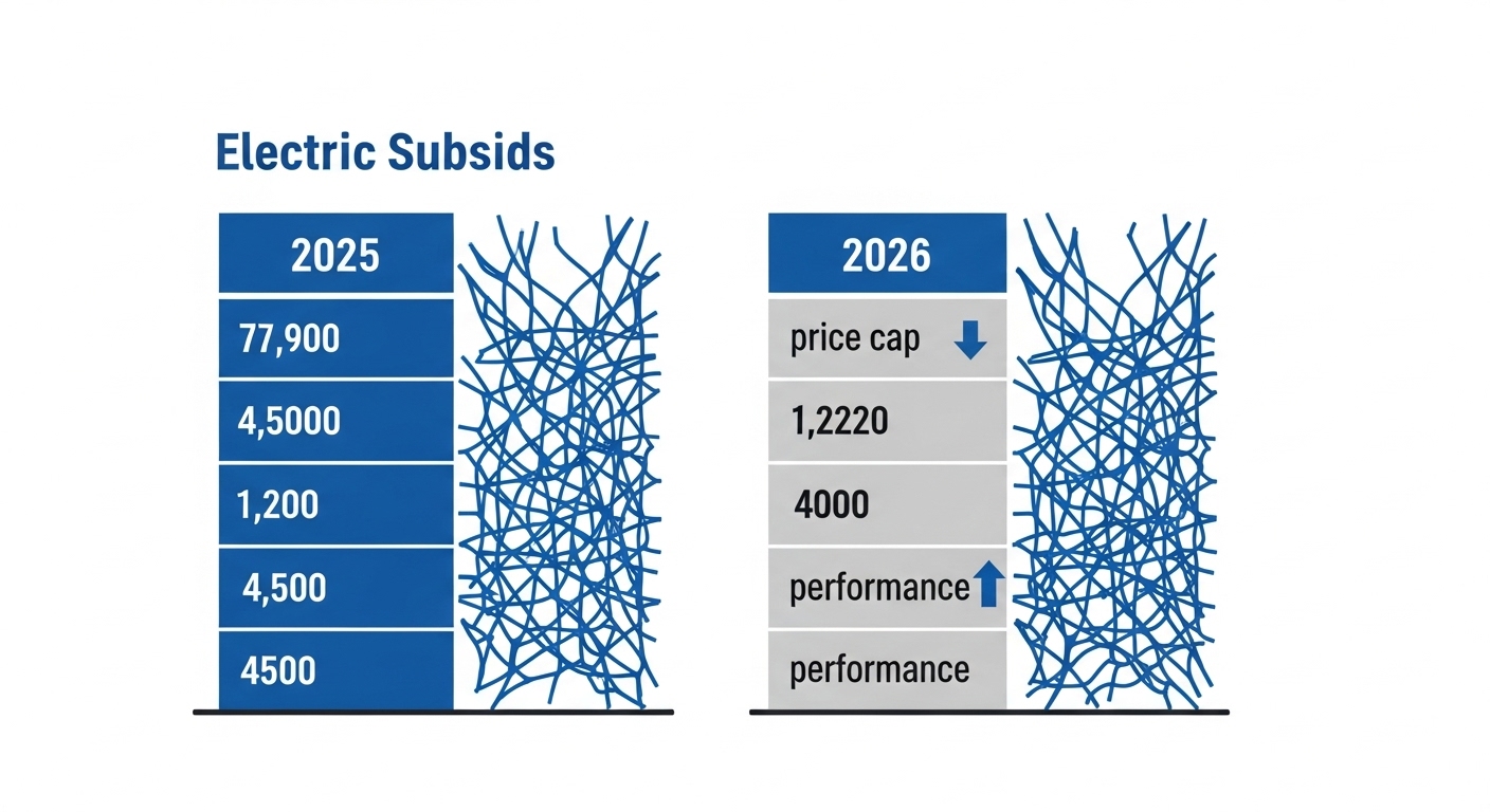 2025년과 2026년 전기차 보조금 기준 변화를 비교하는 그래픽, 더 강화된 기준과 낮아진 가격 상한선을 시각적으로 보여준다.