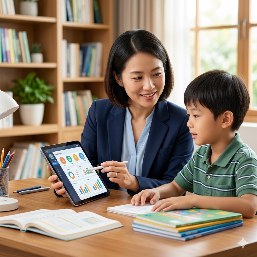 태블릿 PC 화면의 AI 진단 데이터 대시보드와 학습 리포트 그래프를 학생과 함께 분석하고 따뜻하게 가이드하는 모습