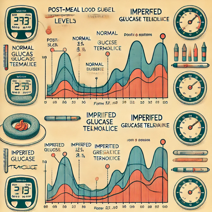 정상과 비정상적인 내당능을 비교한 식후 혈당 변화 그래프.
