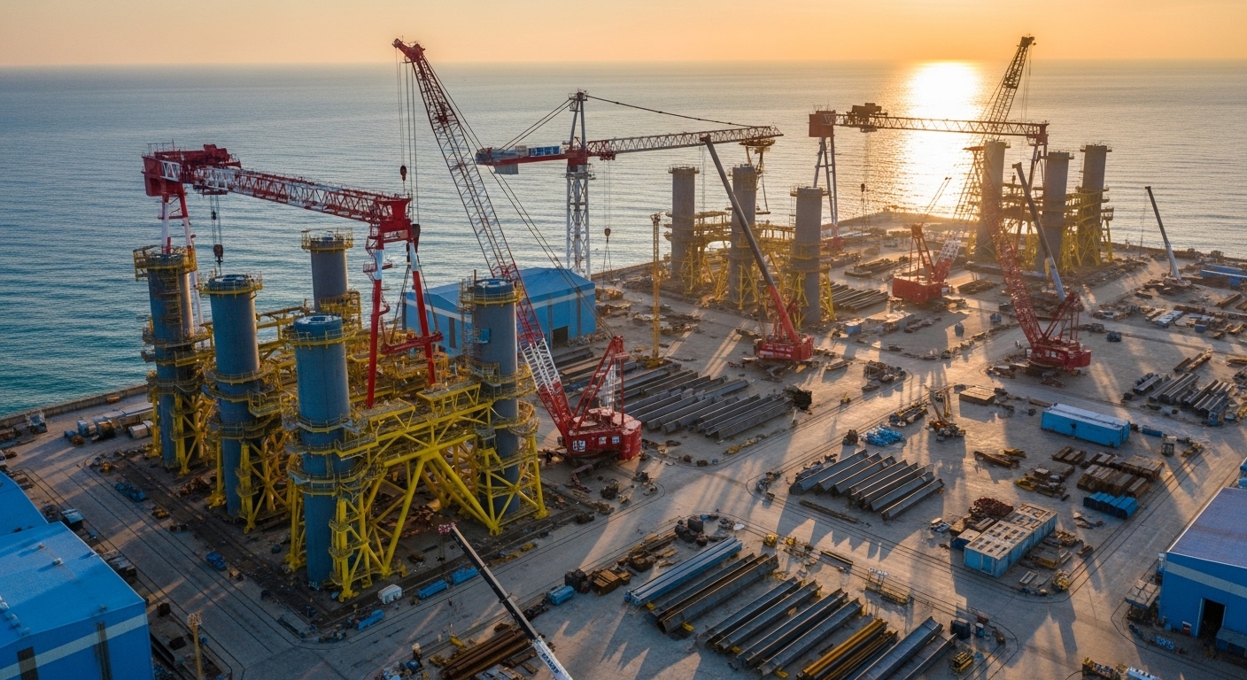 Aerial cinematic view of a massive offshore wind jacket fabrication yard in South Korea, giant steel jacket foundations being assembled by cranes, blue ocean in background, industrial scale facility, golden hour lighting, photorealistic, 169
