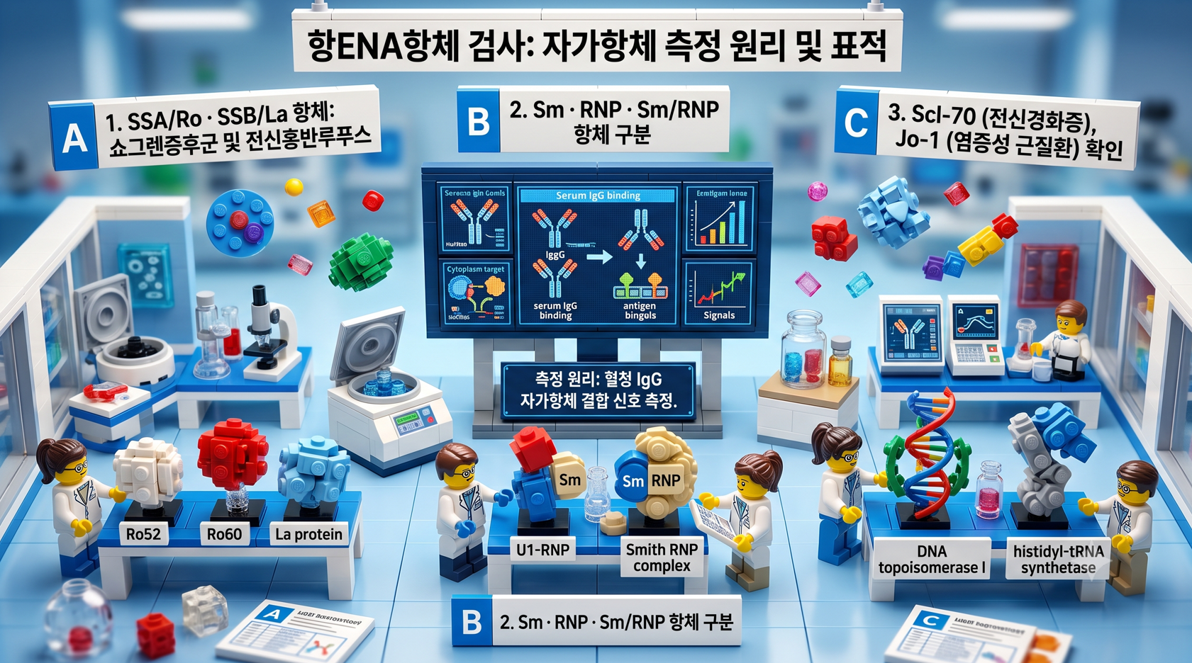 3D 레고 스타일 진단 연구실 디오라마, '항ENA항체 검사: 자가항체 측정 원리 및 표적' 제목 및 세부 항체 반응 워크스테이션과 미니피규어