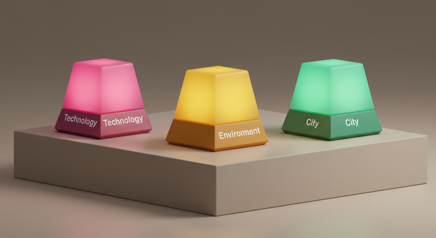 주의·기대·제약을 상징하는 세 개의 비콘(등대)이 서로 다른 빛을 비추는 상징적 정물 이미지: 기술·환경·도시 세 축을 은유