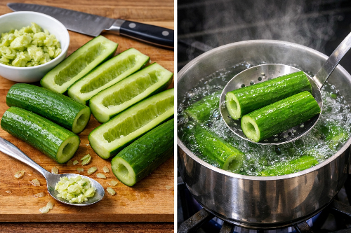 씨를 파낸 오이와 끓는 물에 데치는 사진