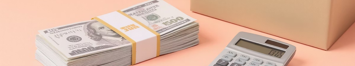 돈과 계산기, 상자가 그려진 이미지