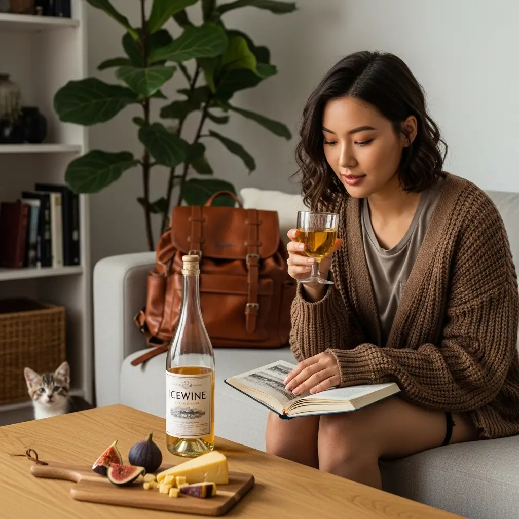 거실에서 아이스와인을 즐기는 한국인 여행자