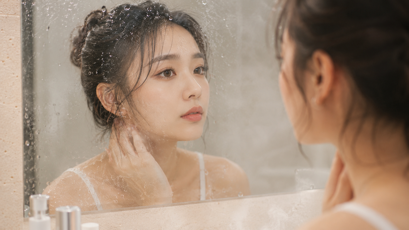 속눈썹 펌 직후 욕실의 습기와 물기에 노출된 여성