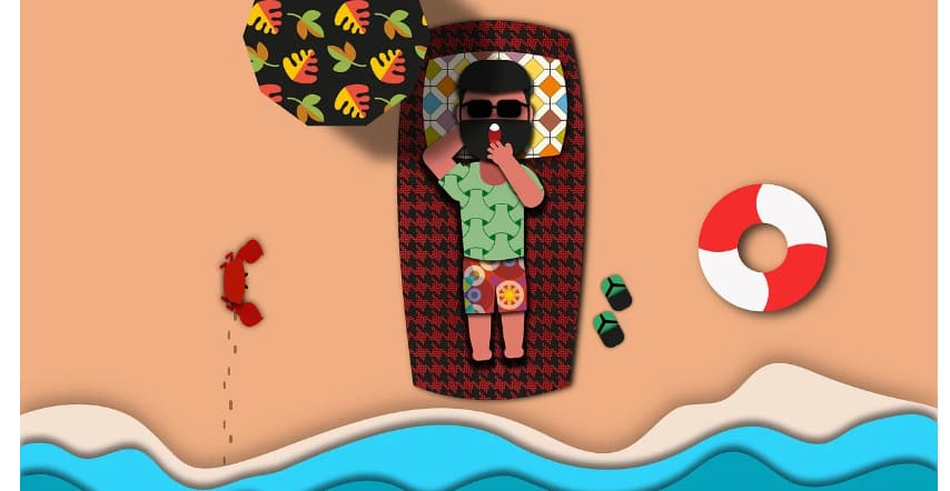 해변에 누워서 일광욕을 즐기는 남자