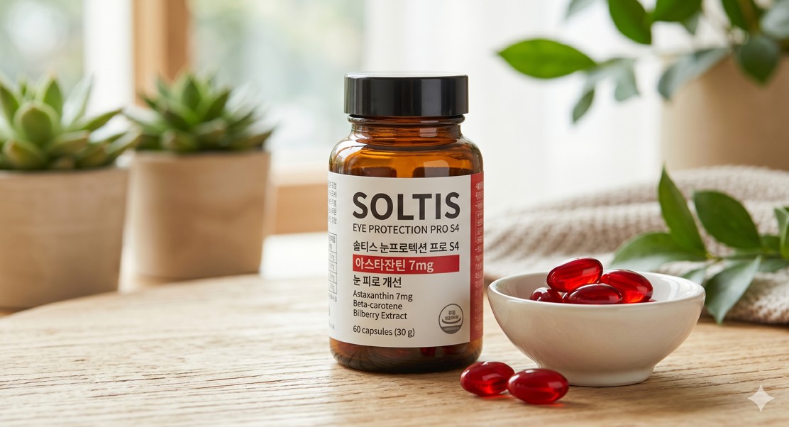 현대적인 약병 옆에 놓인 선명한 빨간색 아스타잔틴 캡슐