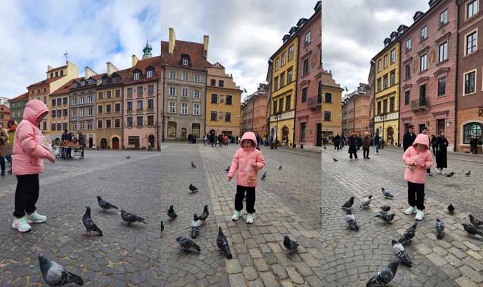 바르샤바 올드타운 광장 Rynek Starego Miasta에서 비둘기의 여왕이 되어 신이 난 아미