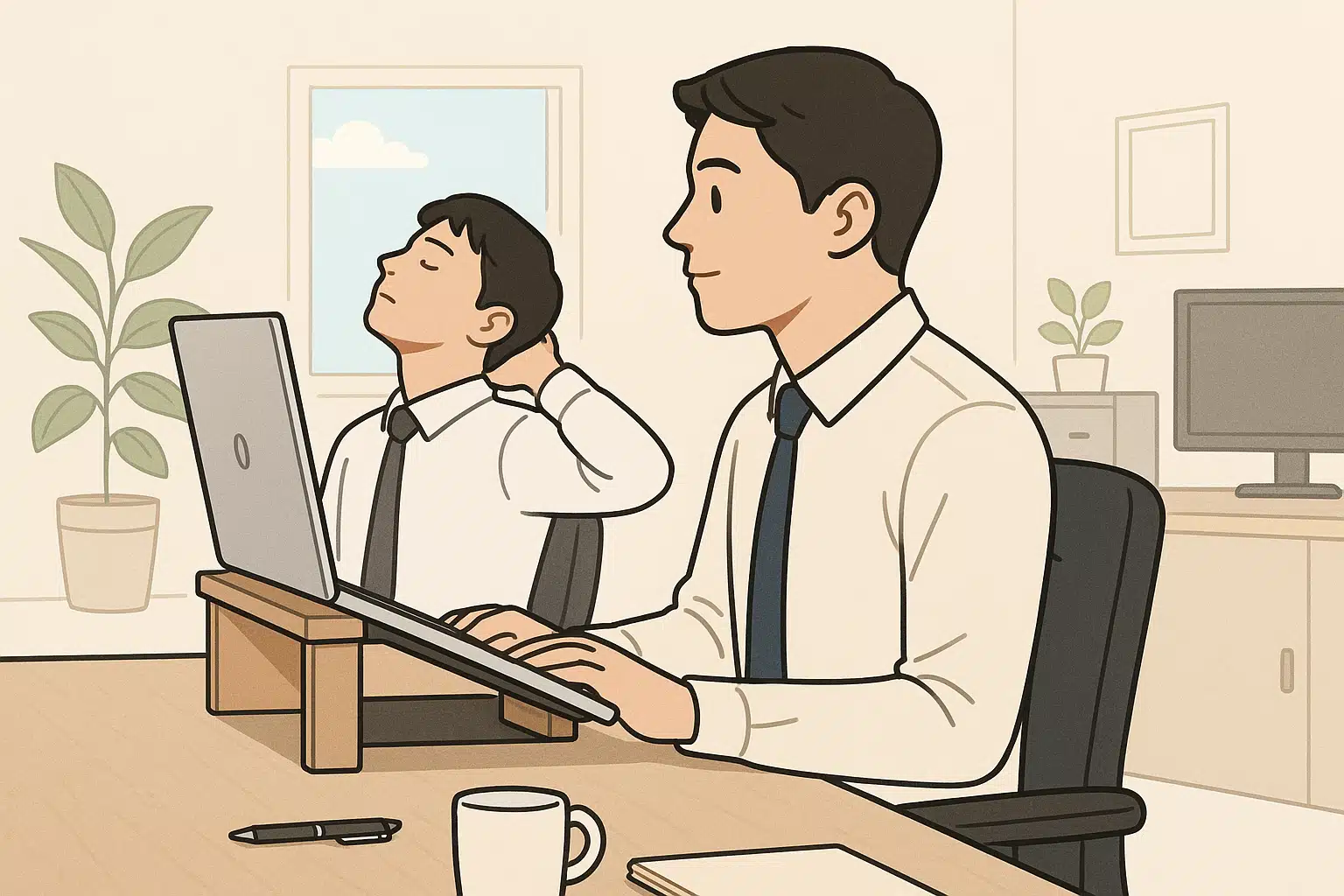 노트북을 눈높이에 맞춰 사용하는 직장인, 목 스트레칭을 하는 사람, 모니터 받침대와 바른 앉은 자세