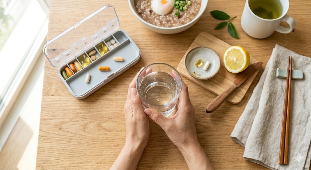 아침에 일어나 미지근한 물 한 잔과 함께 유산균과 비타민 B 등 영양제를 챙기며 건강한 하루를 시작하는 모습