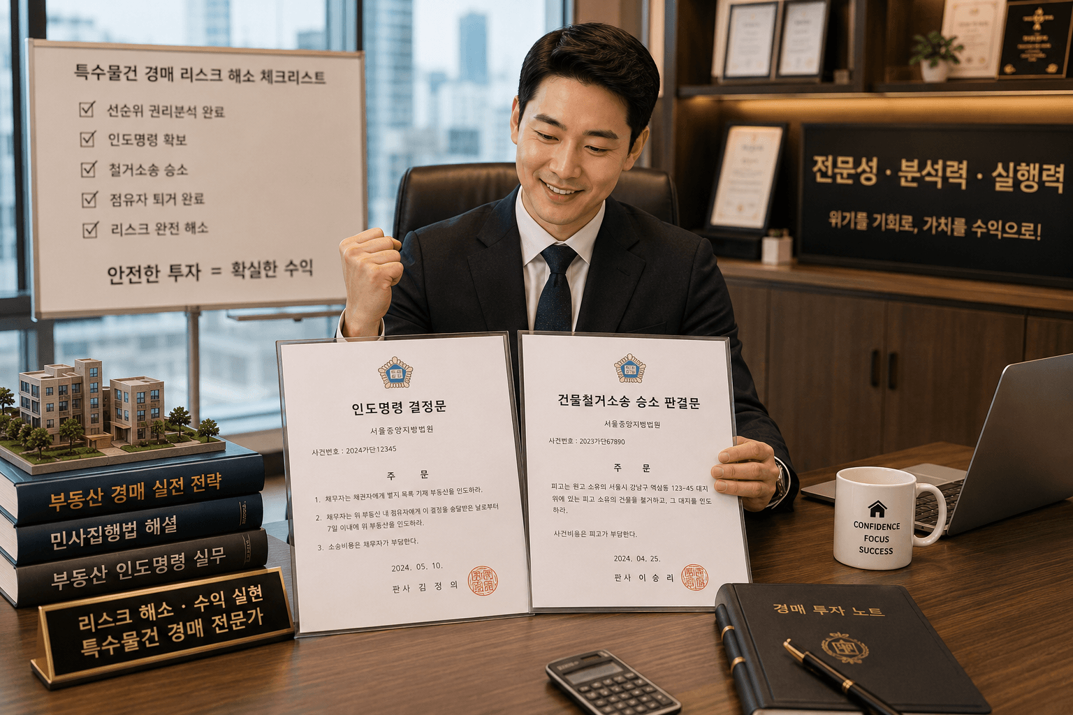 법원으로부터 발급받은 부동산 인도명령 결정문 서류와 건물 철거 소송 승소 판결문을 책상 위에 펼쳐놓고 특수물건 경매의 리스크를 완벽히 해소한 뒤 만족스러운 미소를 짓는 투자자의 모습