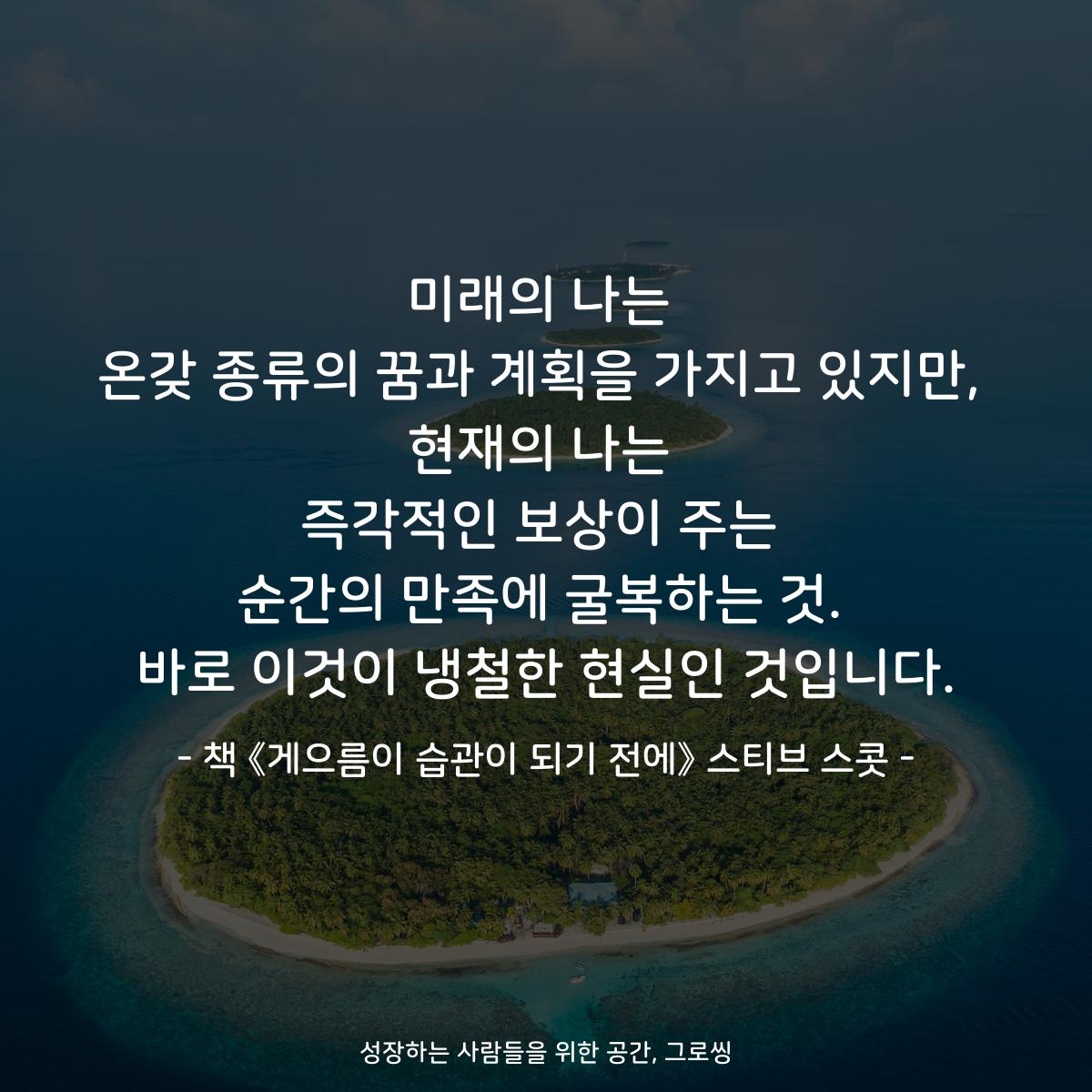 미래의 나는
온갖 종류의 꿈과 계획을 가지고 있지만,
현재의 나는
즉각적인 보상이 주는
순간의 만족에 굴복하는 것.
바로 이것이 냉철한 현실인 것입니다.