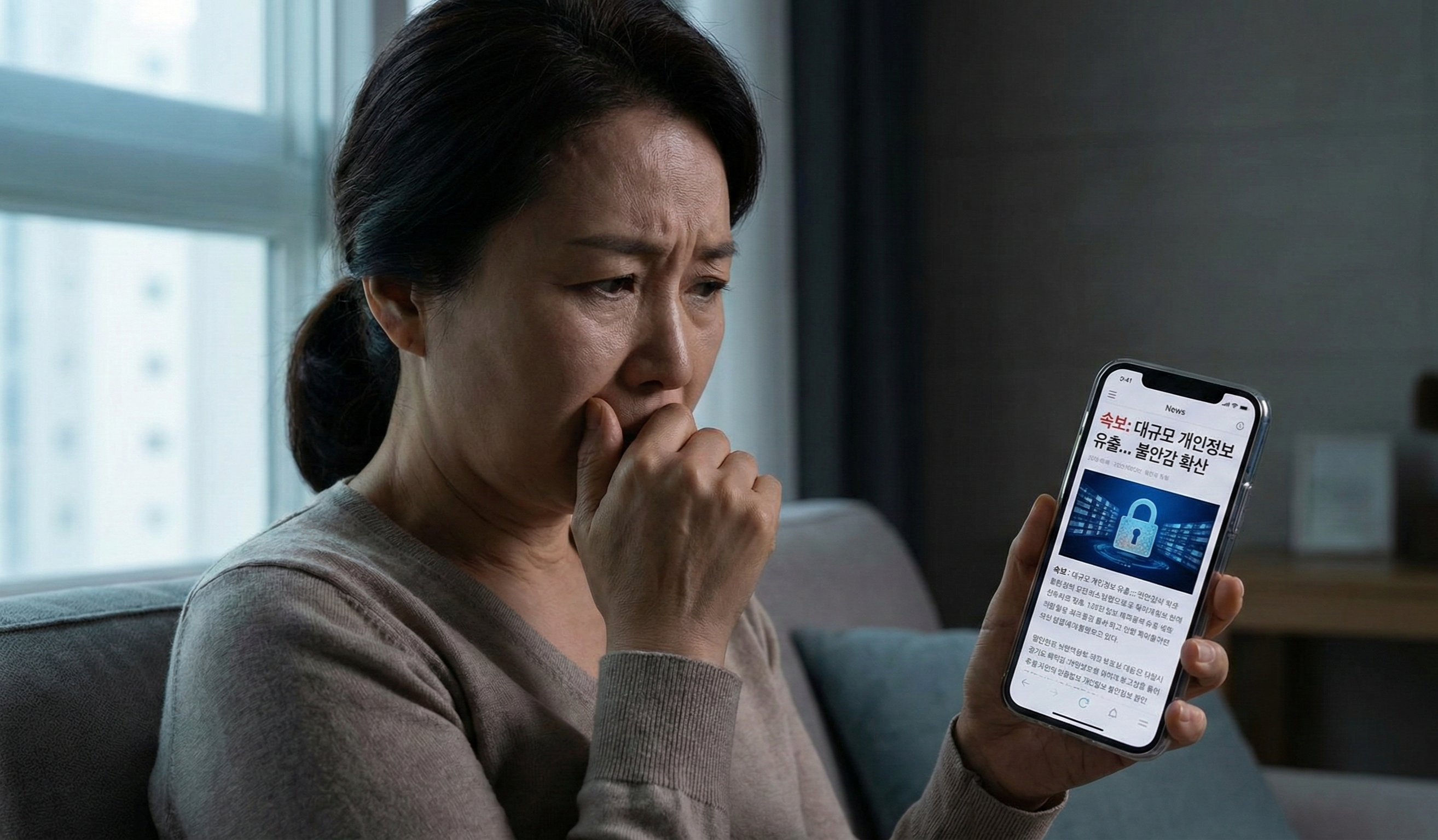 개인정보 유출 뉴스를 보고 걱정하는 중년 여성