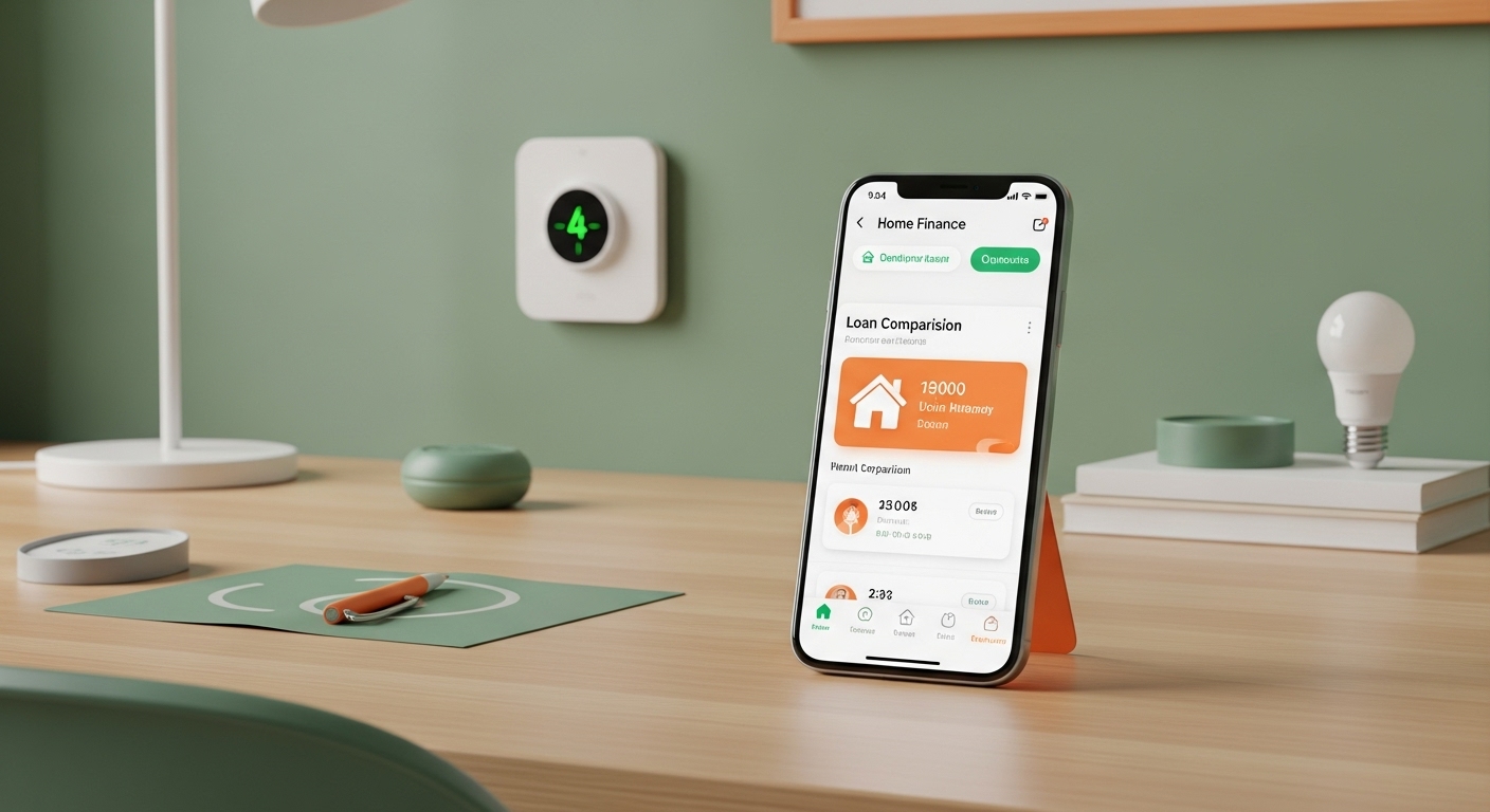 주거비 절약을 위해 스마트폰으로 대출 이자를 비교하거나 관리비 내역을 확인하는 모습. 깔끔한 책상 위 은행 앱 화면과 친환경 조명.