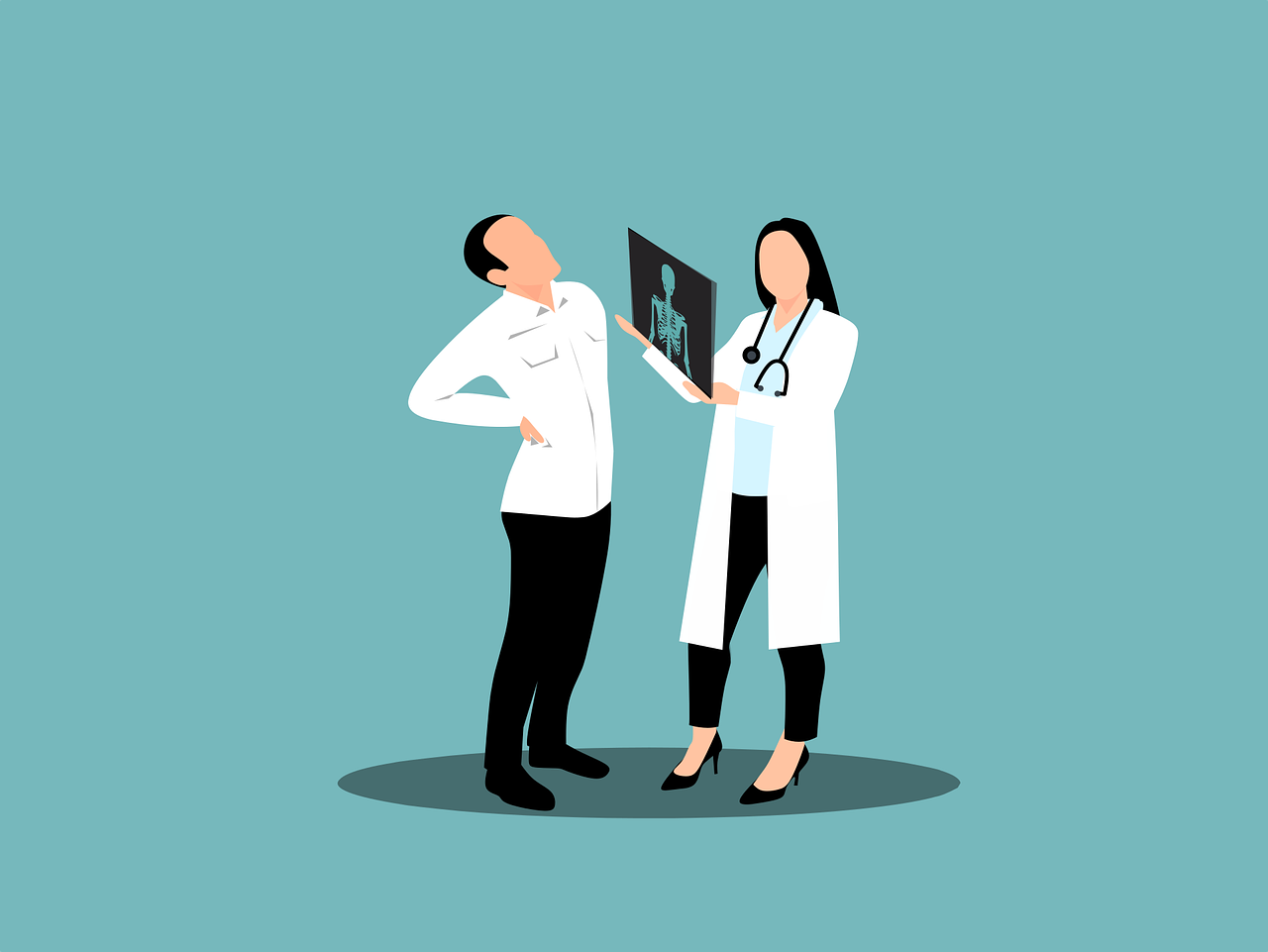 만성 통증을 호소하는 환자의 엑스레이 사진을 살펴보는 의사 그림