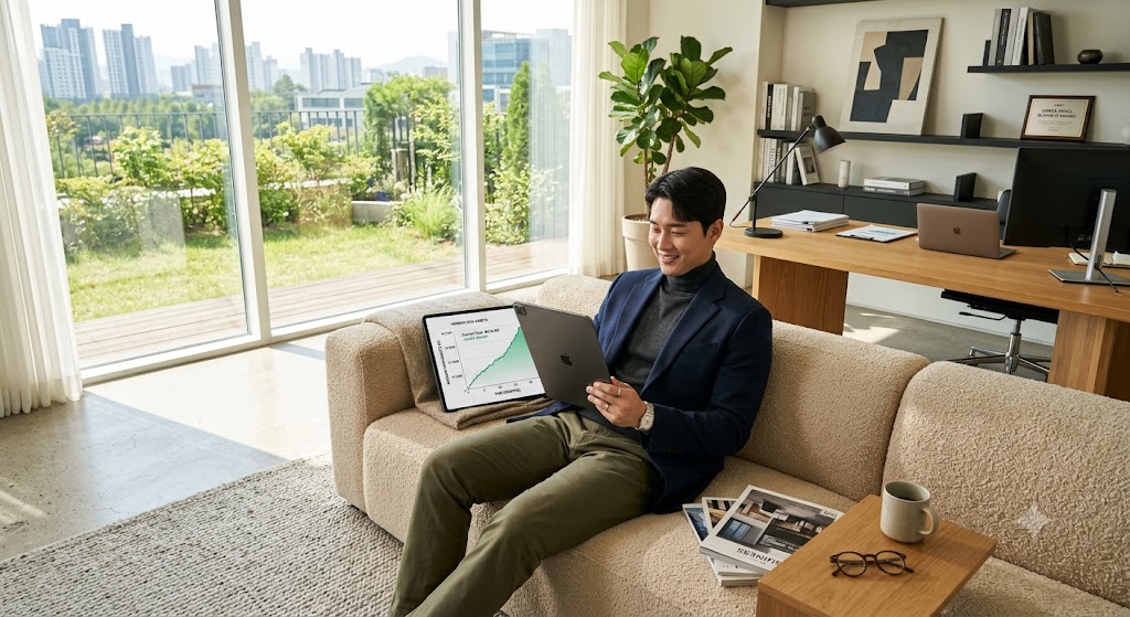 따사롭고 아늑한 채광이 들어오는 모던한 인테리어 데스크에 앉아, 태블릿 PC를 통해 자신의 비즈니스 매출 그래프와 정부 정책자금 수혜 후 달성한 우상향 자산 현황을 평온하게 확인하는 젊은 소상공인 대표의 모습. 저금리 자금을 토대로 견고한 재정적 독립의 첫걸음을 뗀 행복을 투영한 8k 라이프스타일 사진.