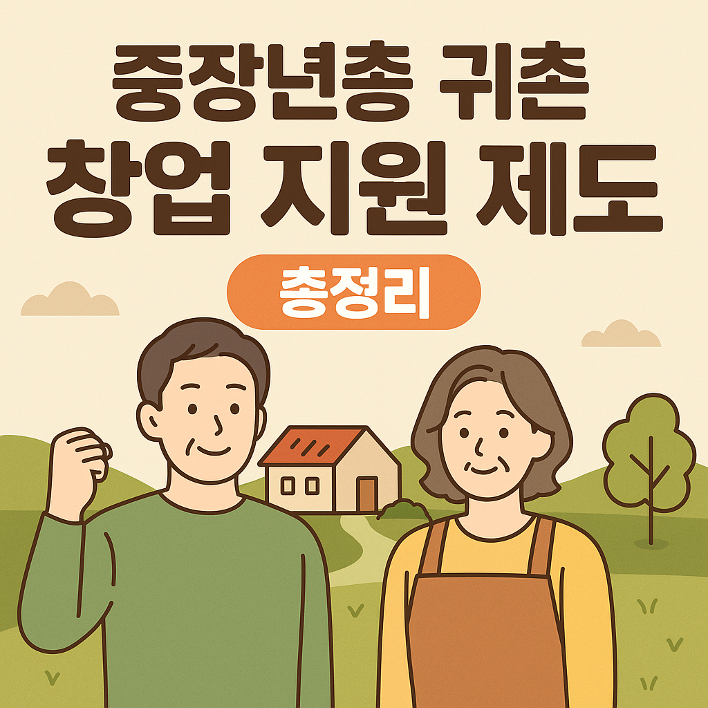 중장년층 귀촌 창업지원 제도 문구와 남녀 중년층 이미지