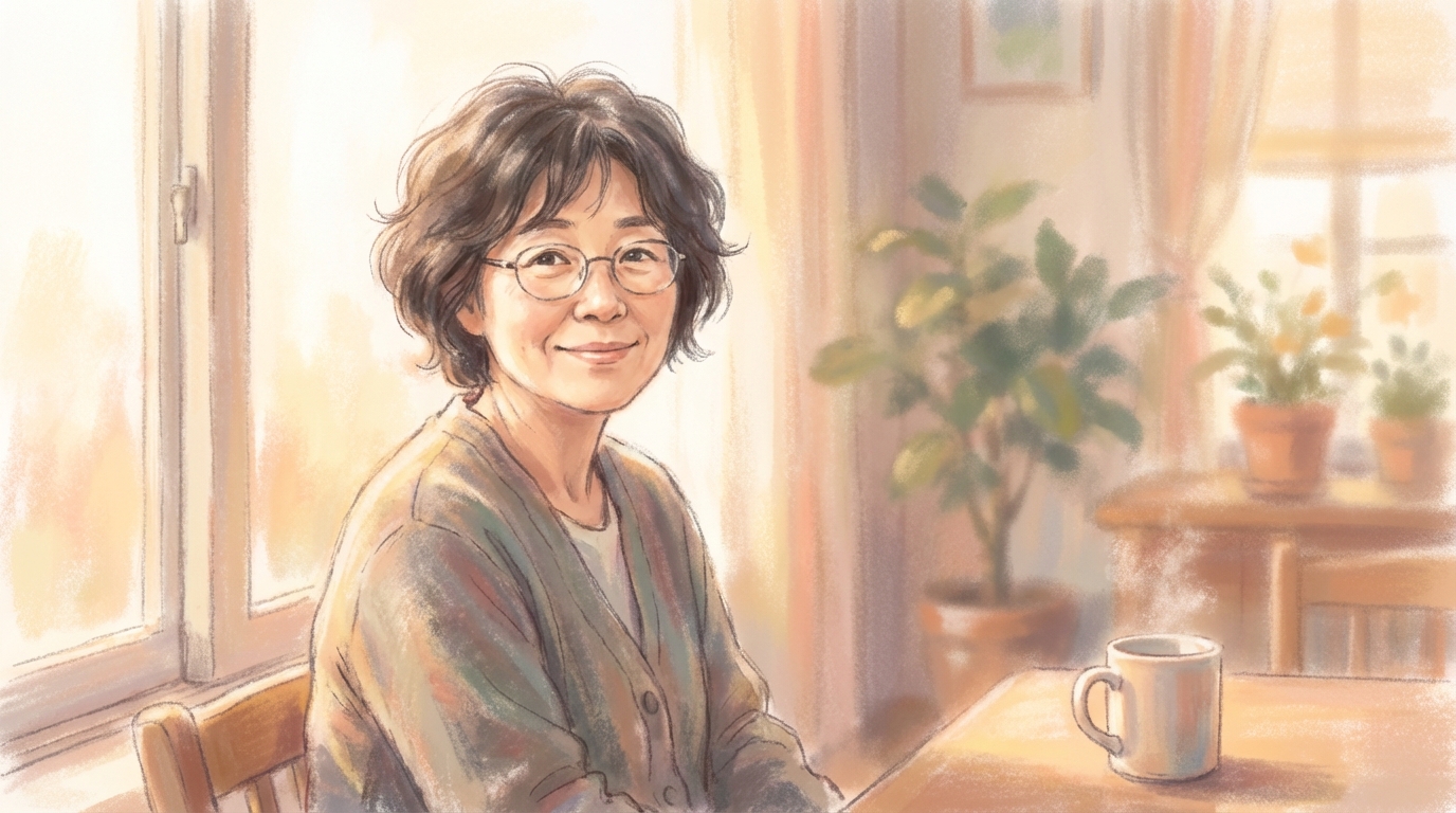 아침 햇살 속에서 편안한 표정으로 창밖을 바라보는 50대