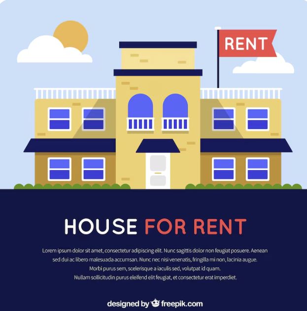 "임대 주택을 상징하는 'HOUSE FOR RENT' 문구와 함께 그려진 아파트 형태의 일러스트"