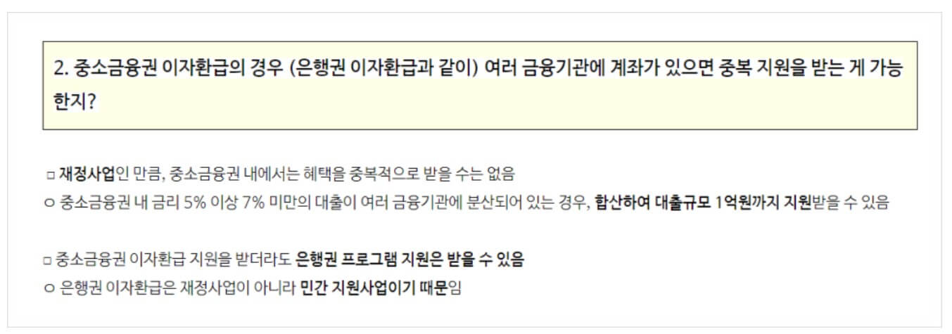 중소금융권 이자환급의 경우(은행권 이자환급과 같이) 여러 금융기관에 계좌가 있으면 중복 지원을 받는 게 가능한지?