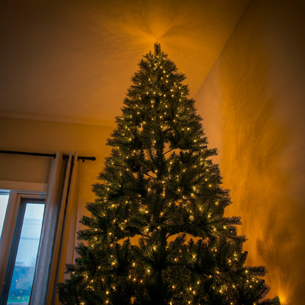 조명과 황금빛 장식으로 꾸며진 크리스마스 트리&amp;#44; 고요하고 평화로운 실내 장면