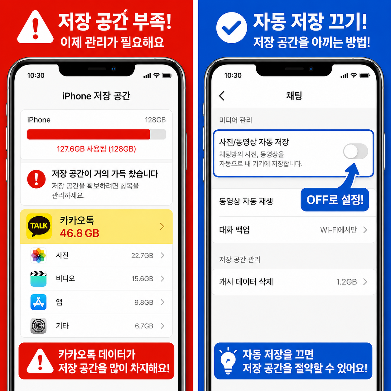 alt="스마트폰 저장공간 부족 알림이 뜨는 화면과 카카오톡 사진 자동저장 설정 화면을 비교한 이미지"