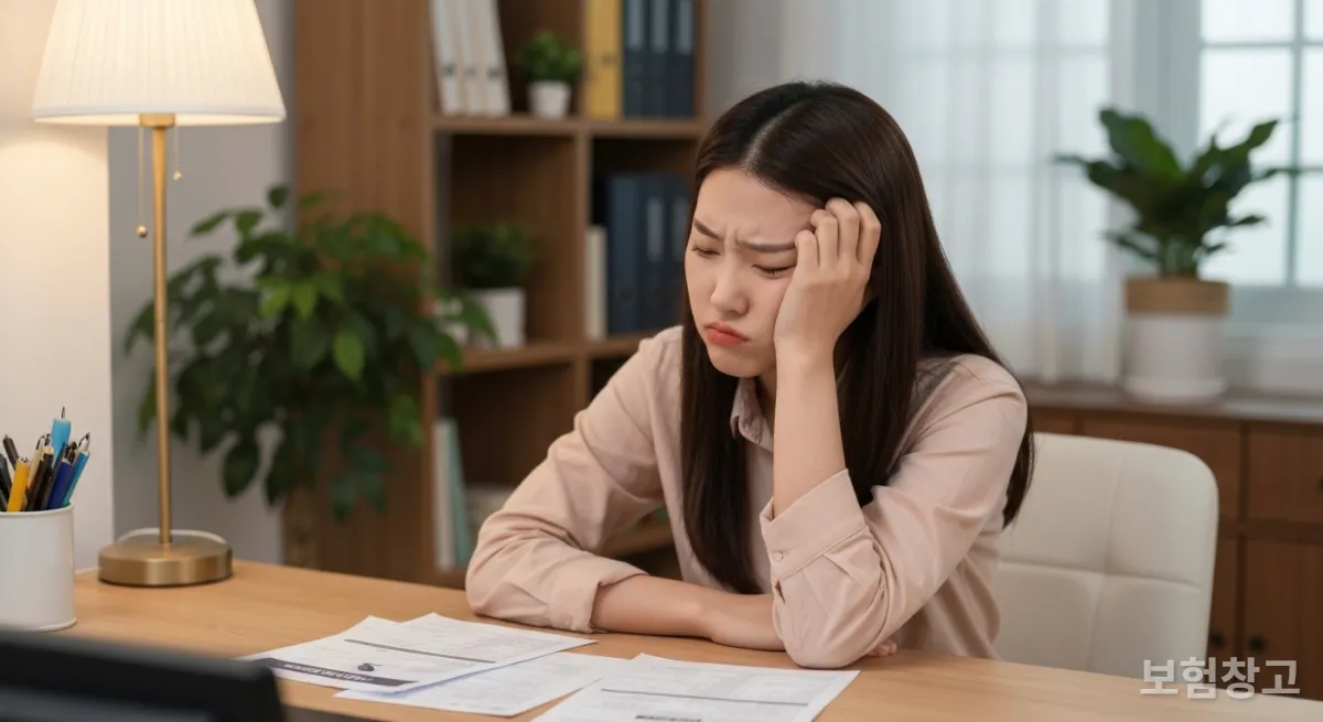 집 책상에서 복잡한 실손보험 서류를 보며 좌절하는 한국인 여성