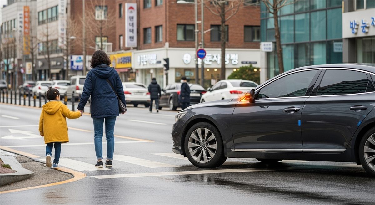 보행자를 위해 일시정지한 차량 모습을 담은 장면