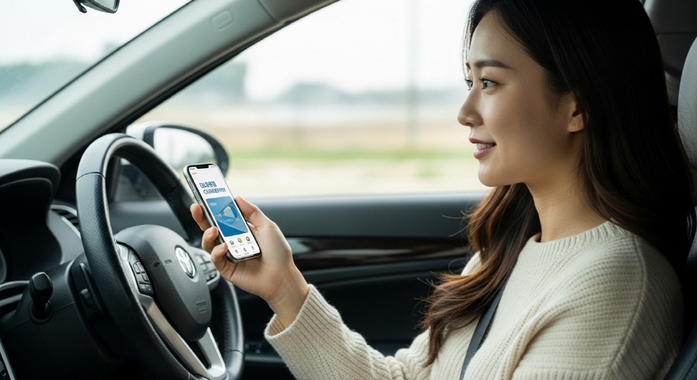 차에 앉아 카드사 앱을 열어보는 여성