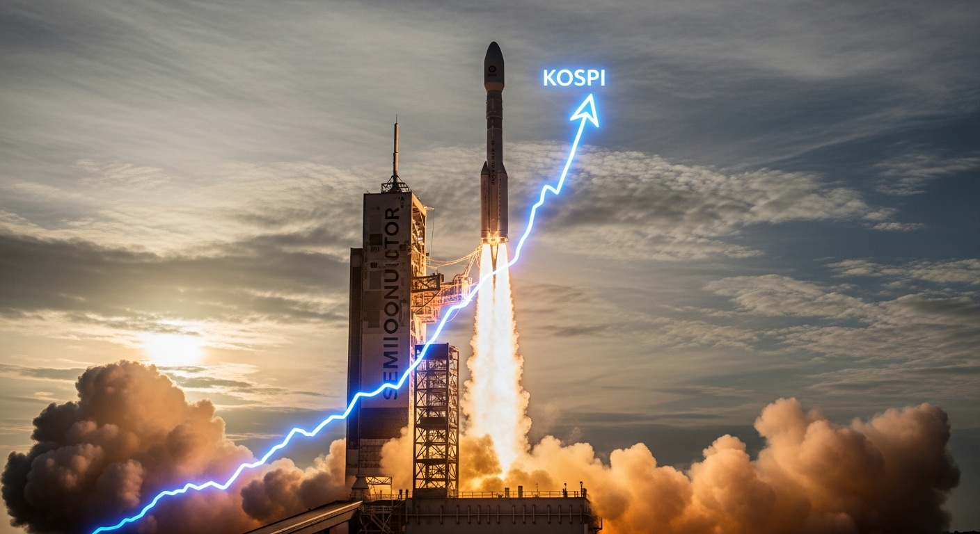 Rocket launch scene, with 'Semiconductor' written on the rocket body, and the thruster flames pushing up the KOSPI index graph.