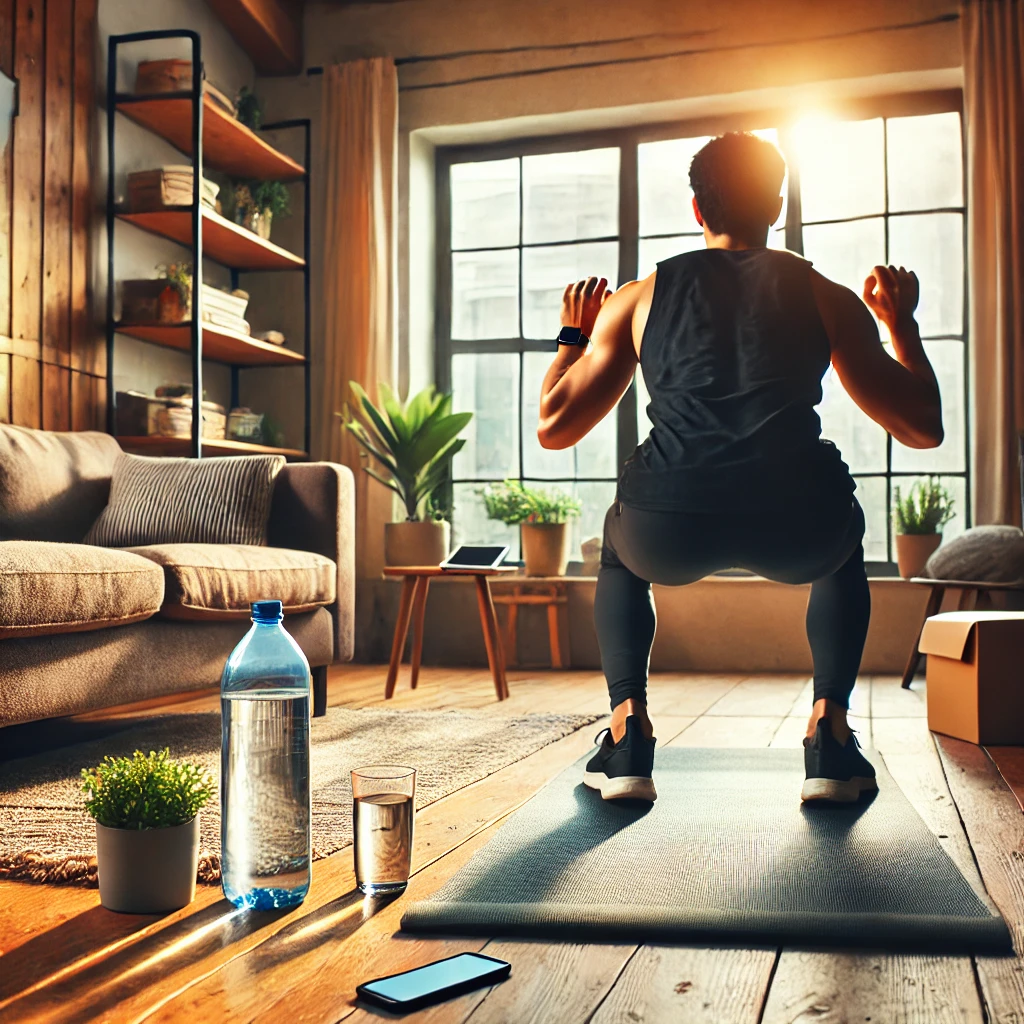 집에서 운동하는 모습을 담은 그림