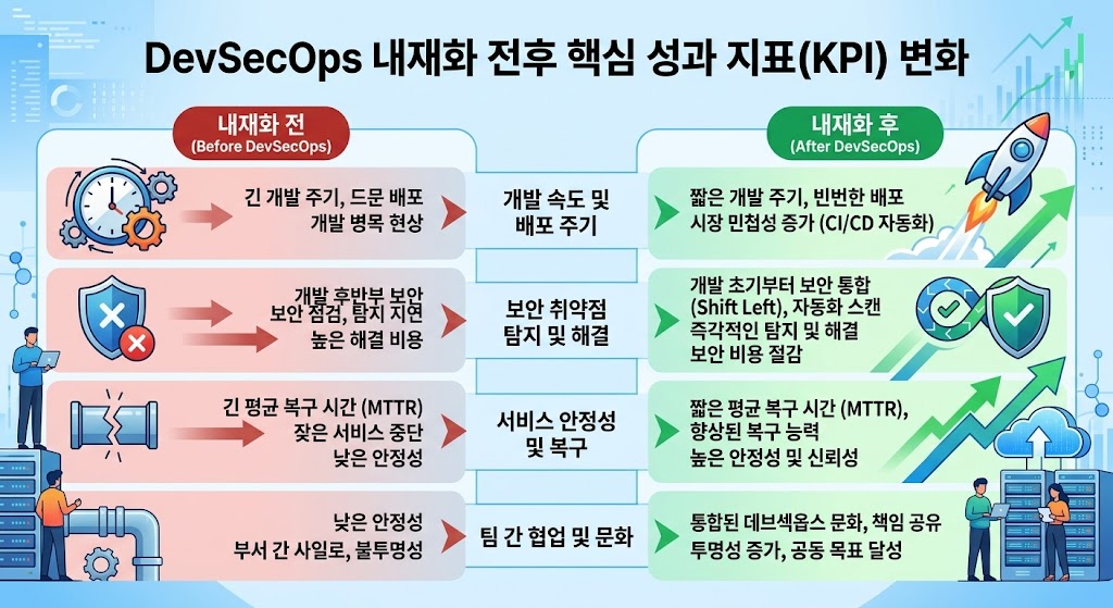 보안 병목 해소를 통해 릴리스 속도가 향상되고, 후반부 취약점 수정 비용이 극적으로 절감되는 추세선.