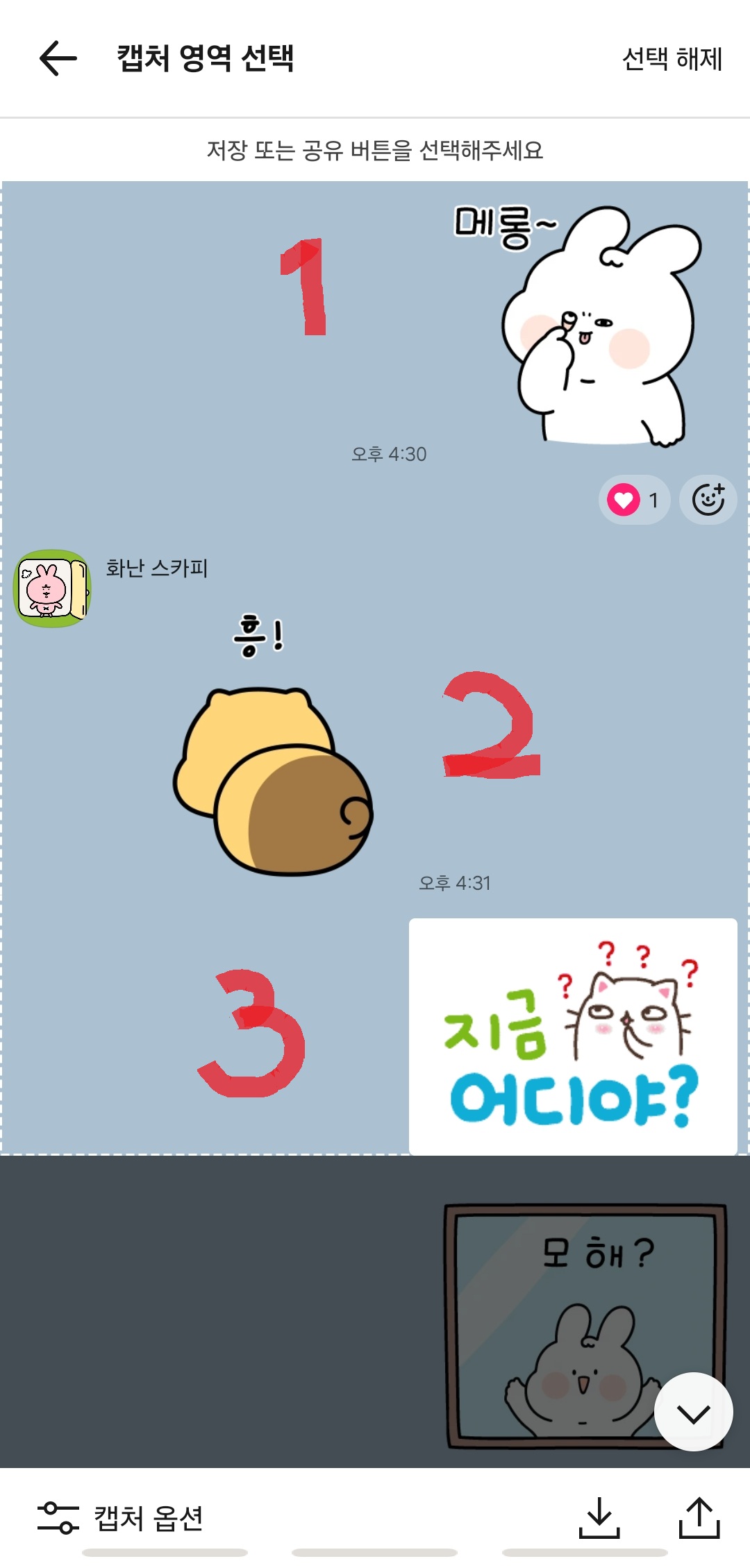 카카오톡 대화 캡처 시 말풍선 선택 설명 화면