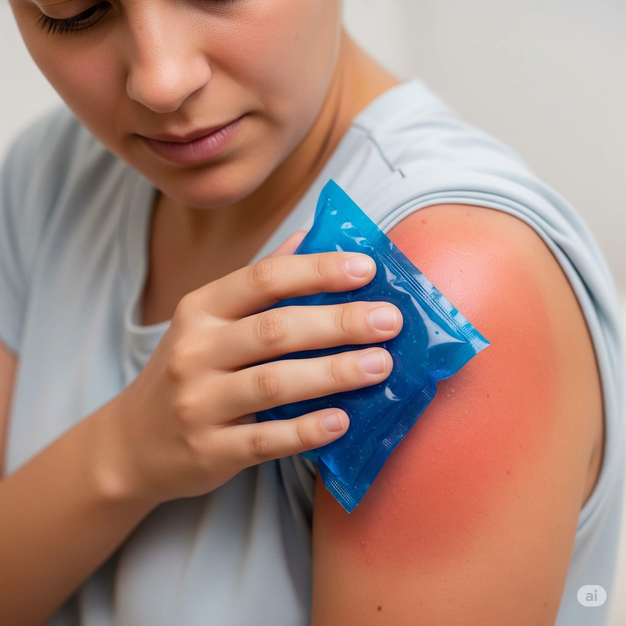 일광화상 부위에 냉찜질 팩으로 열감을 식히는 모습