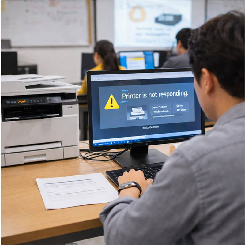프린터가 인식되지 않아 컴퓨터 화면을 확인하며 문제를 점검하는 교실 환경 장면
프린터가 인식되지 않아 컴퓨터 화면을 확인하며 문제를 점검하는 교실 환경 장면