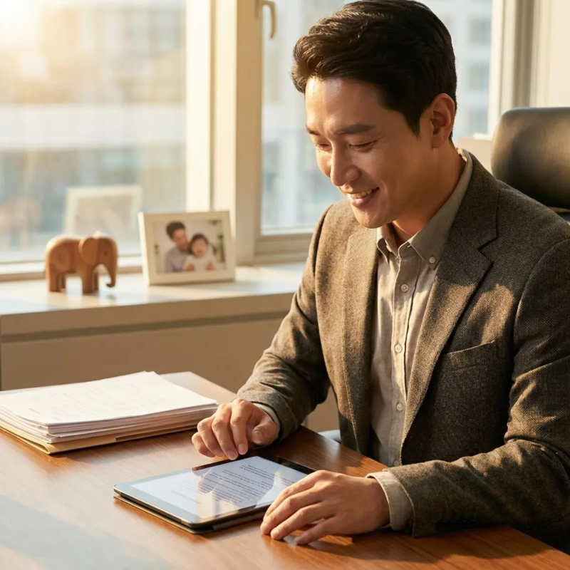 2026년 육아휴직 신청 서류를 완벽하게 준비한 뒤 승인을 확신하며 안도하는 한국인 직장인 부모의 시네마틱한 모습