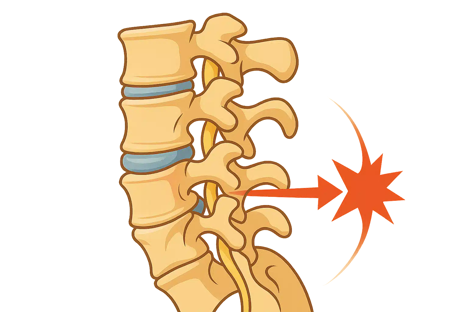 흉추 불균형, 디스크 돌출, 척추측만증이 표시된 그림, 오른쪽 등으로 통증이 퍼지는 모습