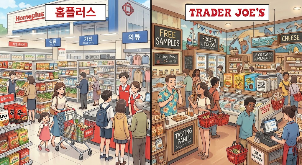 홈플러스와 트레이더 조의 에니메이션 일러스트