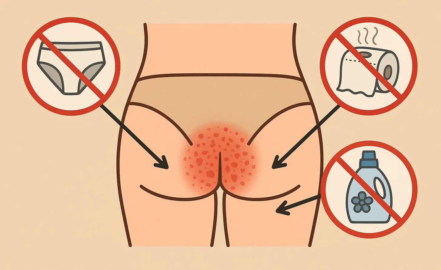 합성섬유 속옷, 향기 강한 화장지, 섬유유연제 등 자극 요소, 피부가 붉어진 항문 주위, 접촉성 피부염·아토피·습진 표현