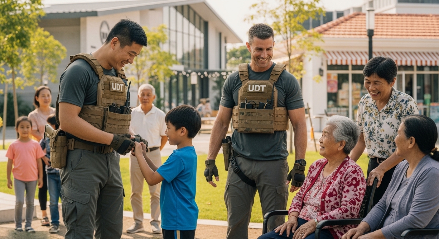 UDT 특수부대 출신 대원들이 동네 주민들과 함께 활짝 웃으며 소통하는 모습. 지역사회에 긍정적인 영향을 주는 영웅들의 따뜻한 이미지를 담고 있습니다.