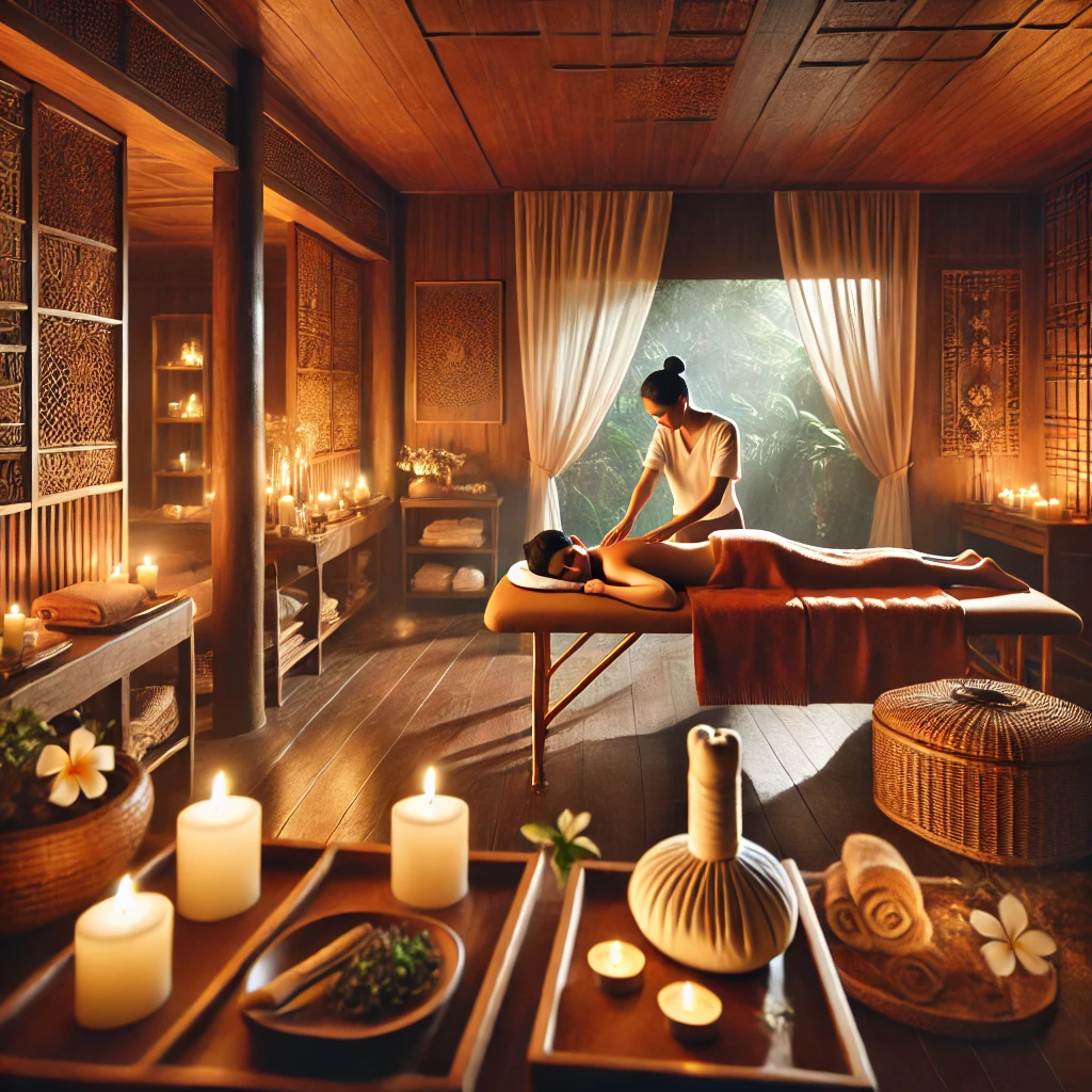 아늑한 스파에서 전통 마사지를 받는 모습