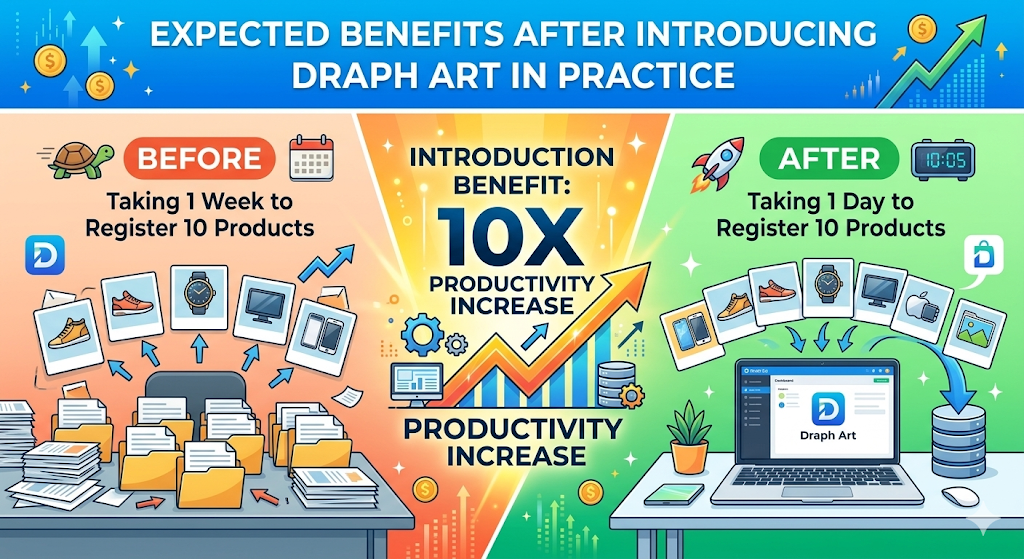 E-commerce product registration productivity improvement metrics before and after the introduction of Draph Art's automated workflow