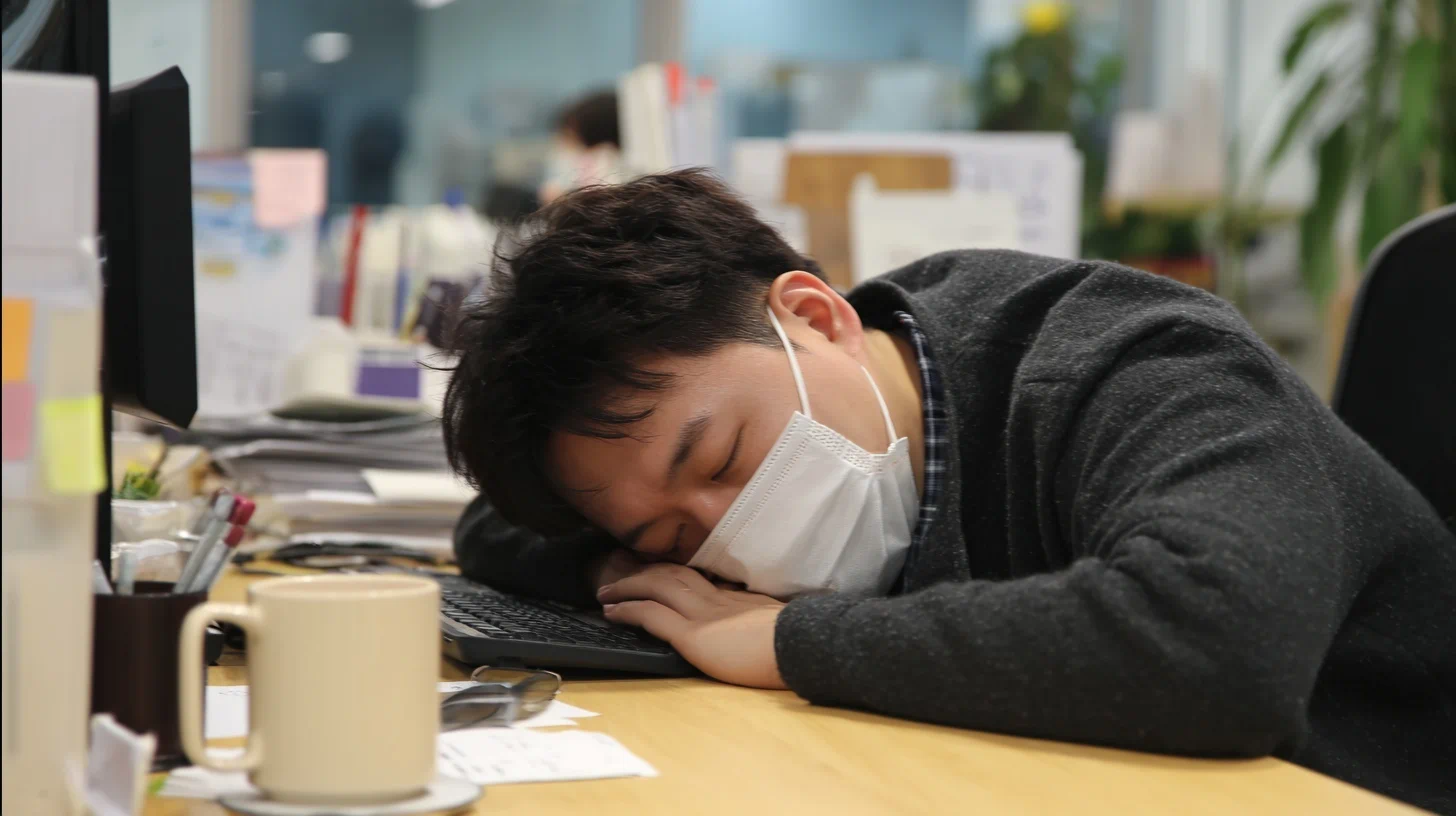 감기약을 먹고 졸려하는 직장인