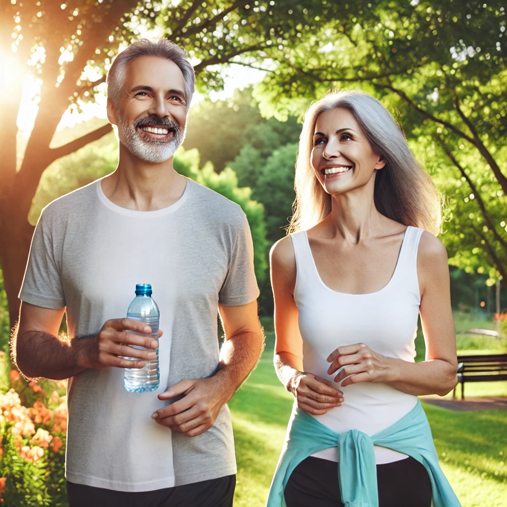 따뜻한 공원에서 건강하게 걷는 중년 부부의 모습