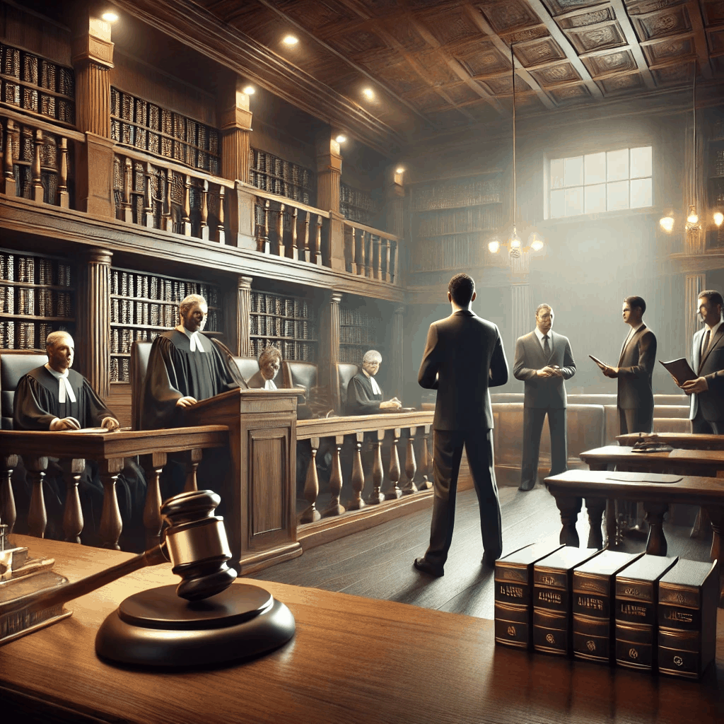 법정에서 판사가 판결을 내리는 가운데 변호사들이 변론하고 피고가 서 있는 진지한 분위기의 장면