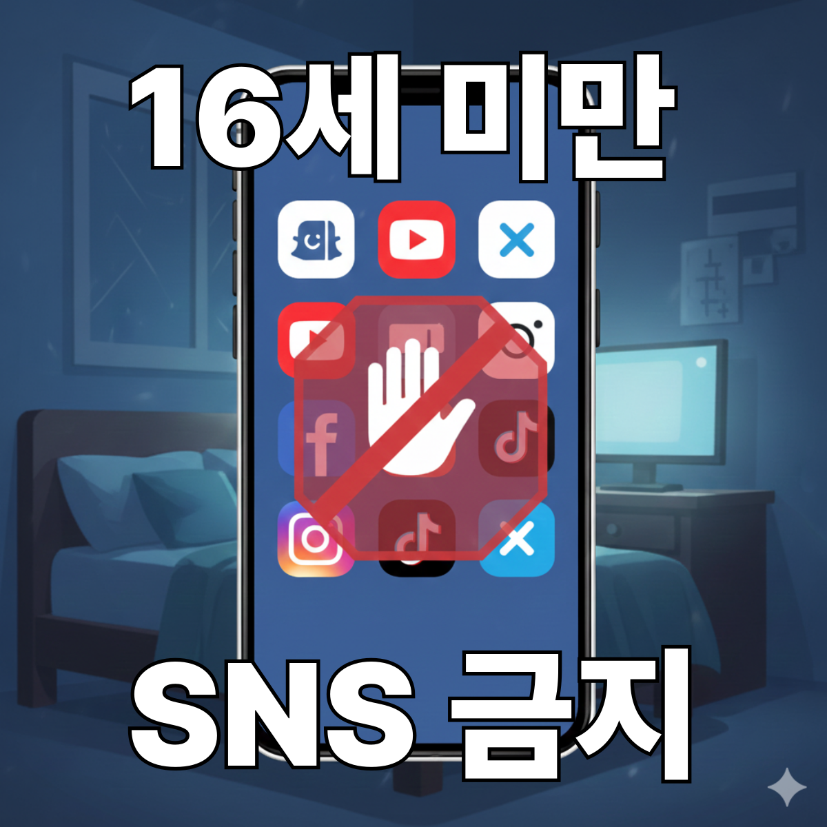 스마트폰 화면 위 SNS 아이콘에 &lsquo;16세 미만 금지&rsquo; 경고 표시가 붙은 이미지