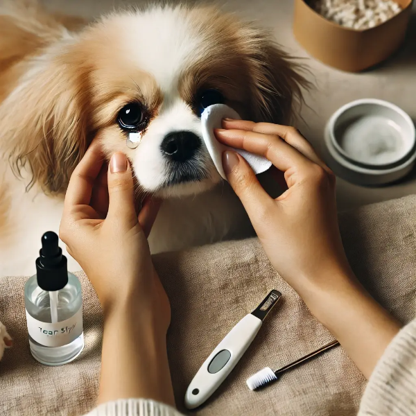 작은 강아지의 눈 밑 눈물자국을 화장솜으로 부드럽게 닦아주는 모습, 옆에는 관리용품이 함께 놓여 있음